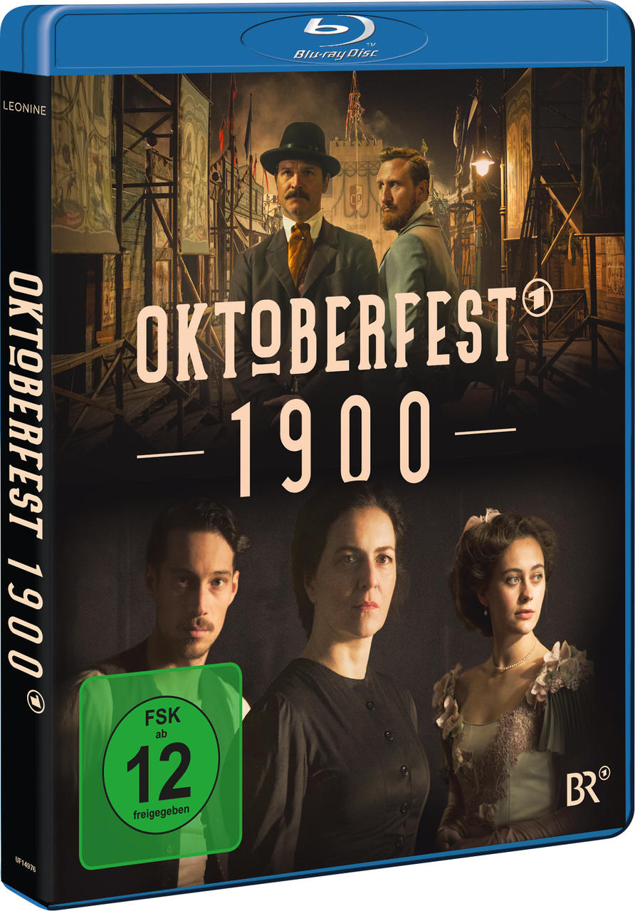 Blu-ray-Box mit Personen darauf. Der Titel ist Oktoberfest 1900. Schauspieler stehen vor einer Stadt.