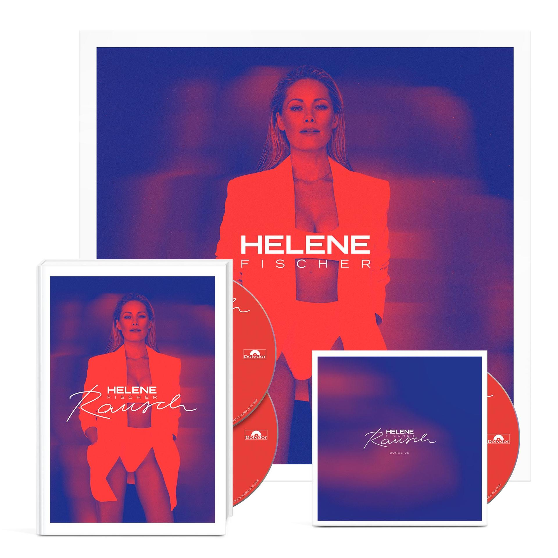 Helene Fischer Albumcover und CDs. Roter Anzug und weißer Hintergrund.