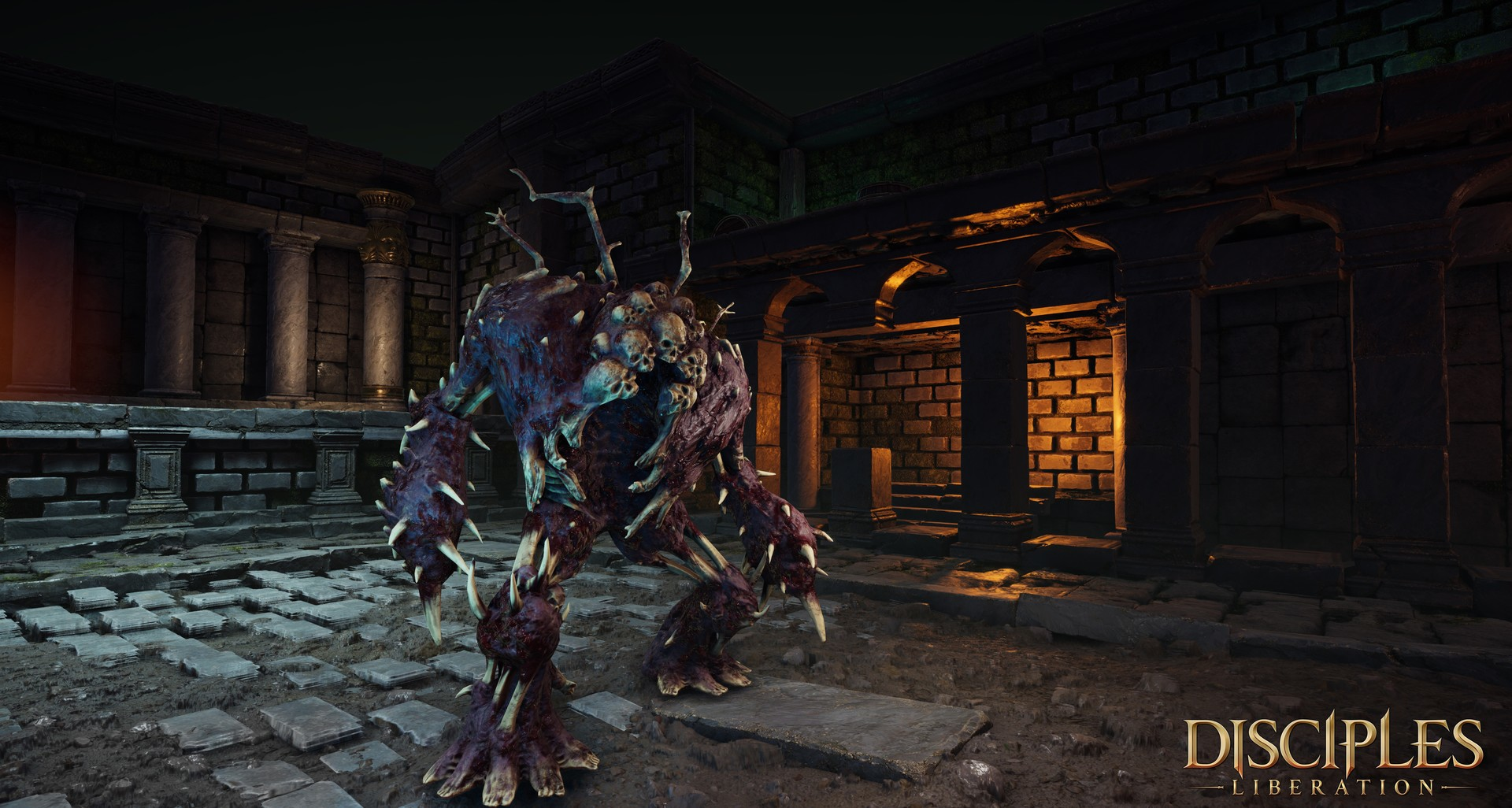 Monster in einem Verlies mit Steinmauern, beleuchtet von Fackeln. Es hat mehrere Gesichter.