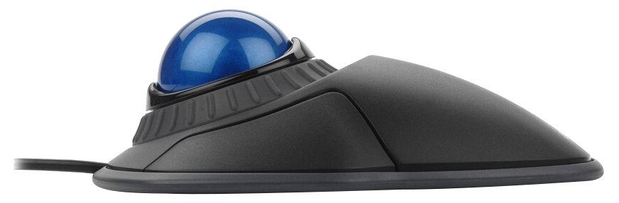 Fekete trackball egér kék golyóval, egyszerű fehér háttérrel.