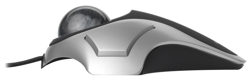 Ezüst-fekete trackball egér nagyméretű golyóval a tetején, fehér háttéren izolálva.