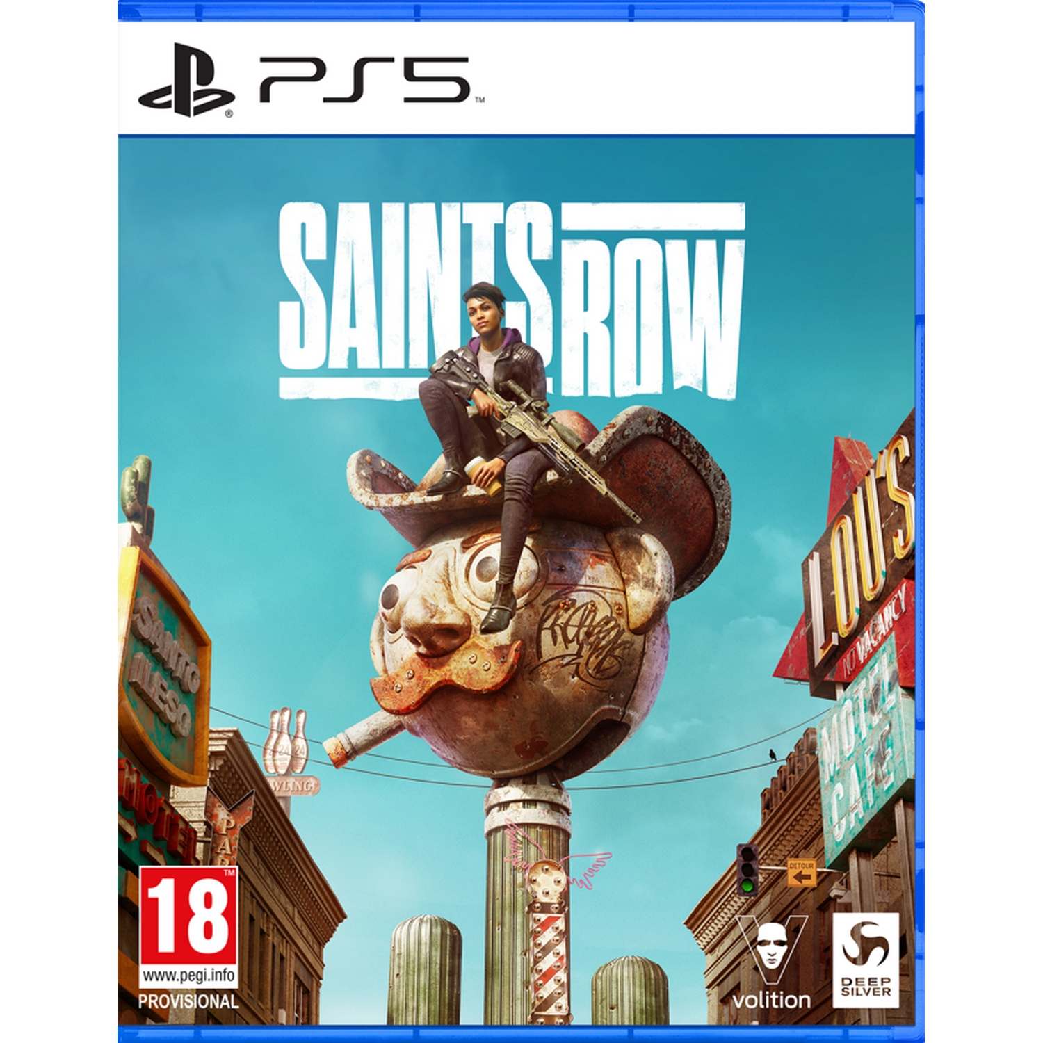 Caja del juego Saints Row con una mujer sosteniendo un arma. El juego muestra una ciudad de fondo.