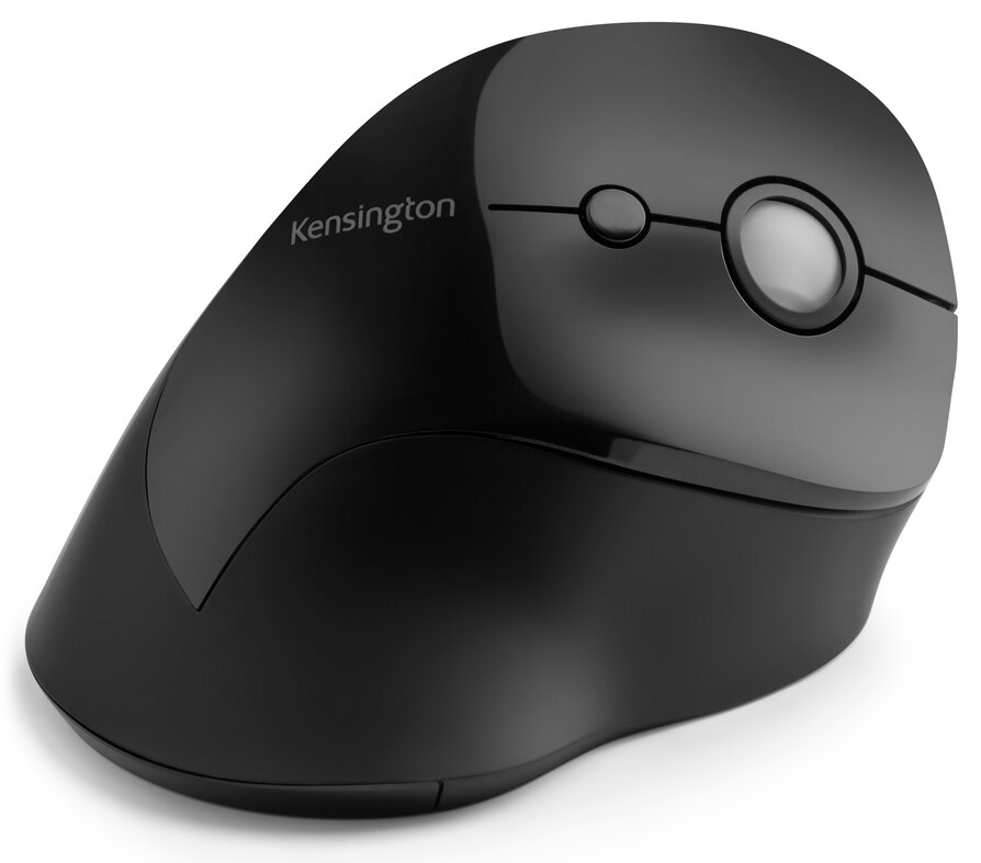 Fekete Kensington trackball egér fekete-szürke dizájnnal fehér háttéren, ferdén.