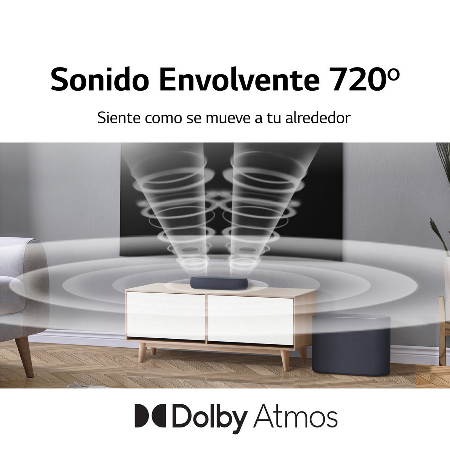 Texto: Sonido Envolvente 720°, altavoces en soporte.