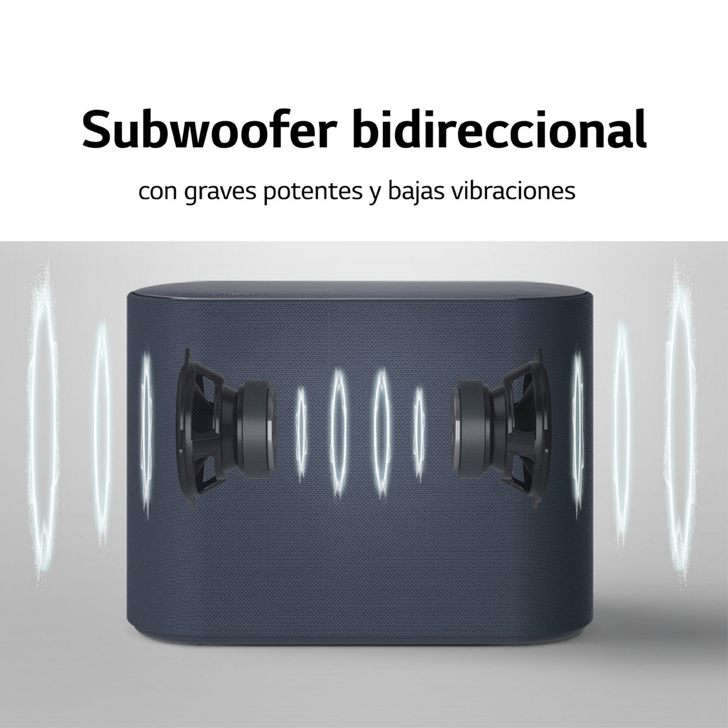 Subwoofer azul con dos altavoces, texto arriba y efectos de luz blanca.