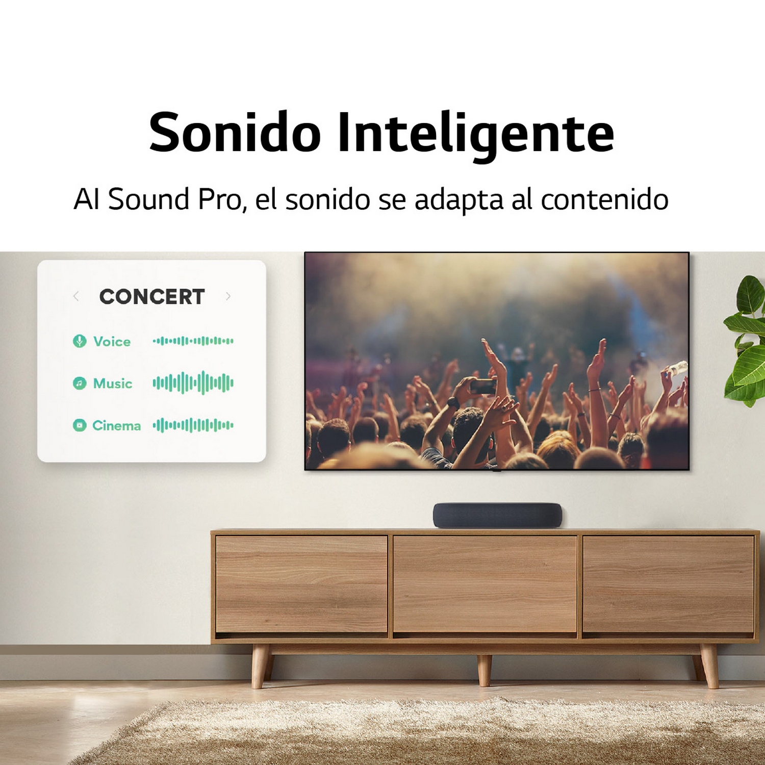 Pantalla de TV mostrando concierto con barra de sonido y texto sobre ajustes de sonido. Mueble madera.