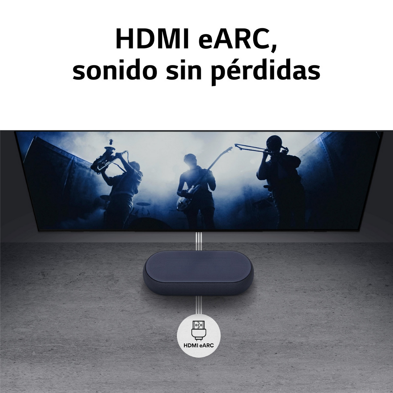 Pantalla de TV mostrando una banda tocando, con una barra de sonido conectada.
