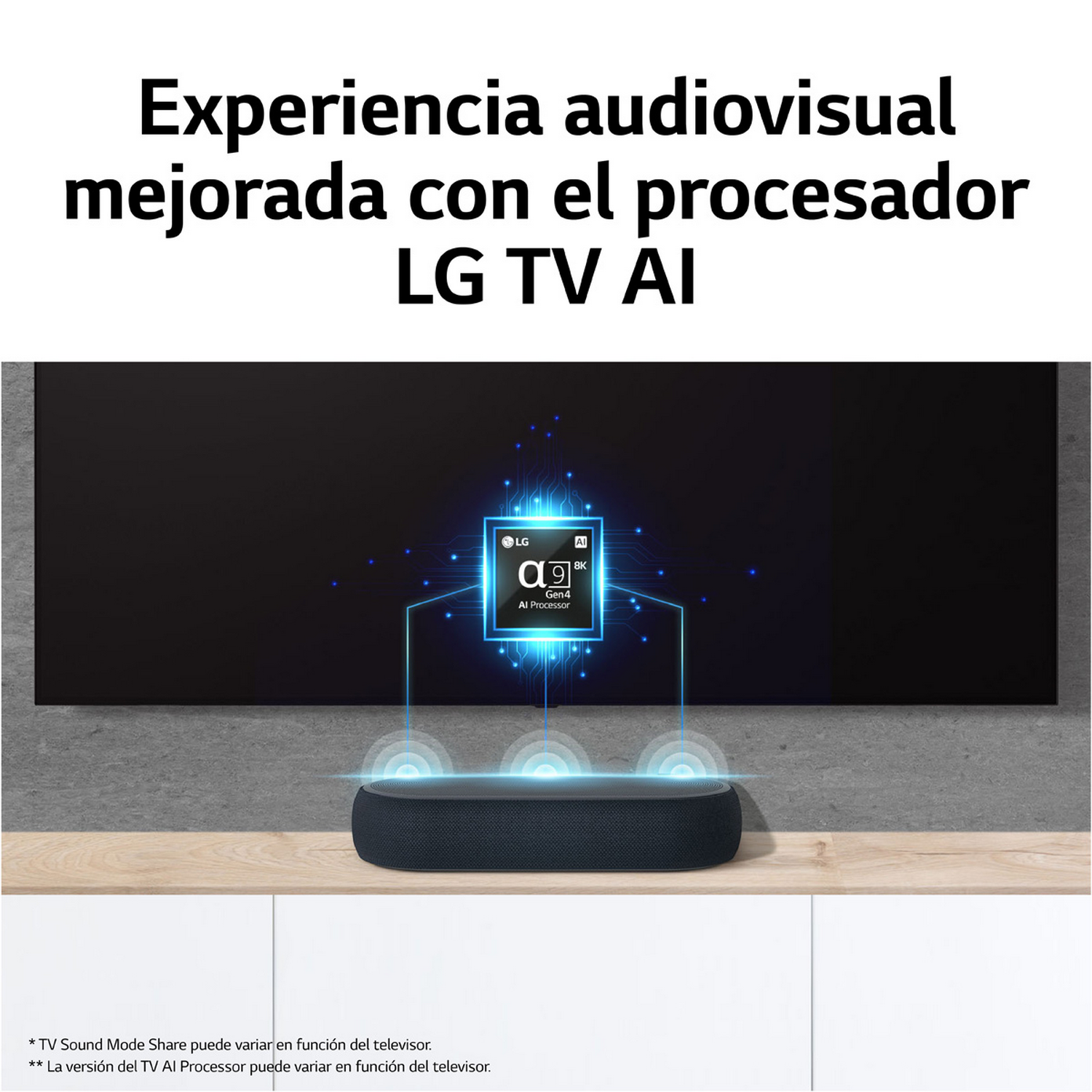 TV LG con barra de sonido. Gráfico del procesador AI en la pantalla. Texto en español.