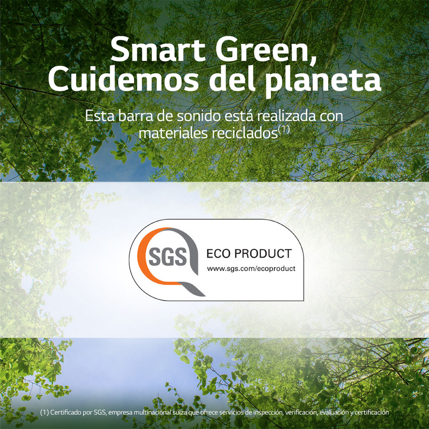 Árboles verdes y cielo con texto sobre reciclaje y logotipo de producto ecológico SGS.