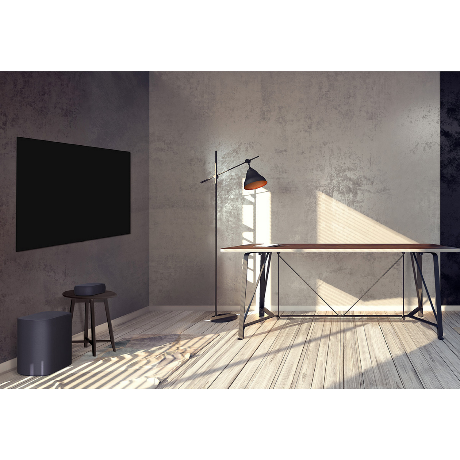 Una toma interior de una habitación moderna con un televisor negro, una mesa y una lámpara.