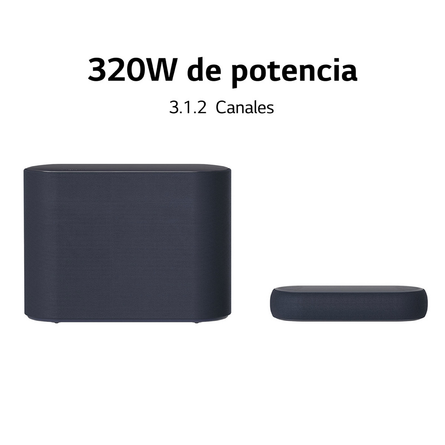 Altavoz azul oscuro y una barra de sonido más pequeña. Texto: 320W de potencia y 3.1.2 canales.