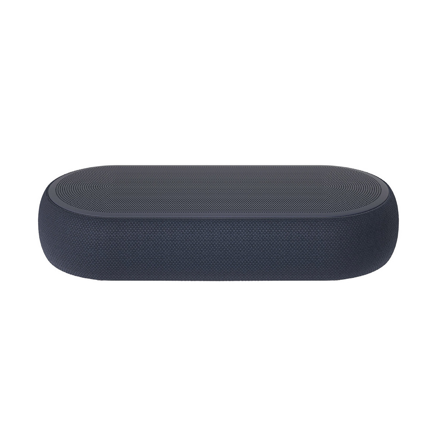 Altavoz oblongo azul oscuro con superficie texturizada.