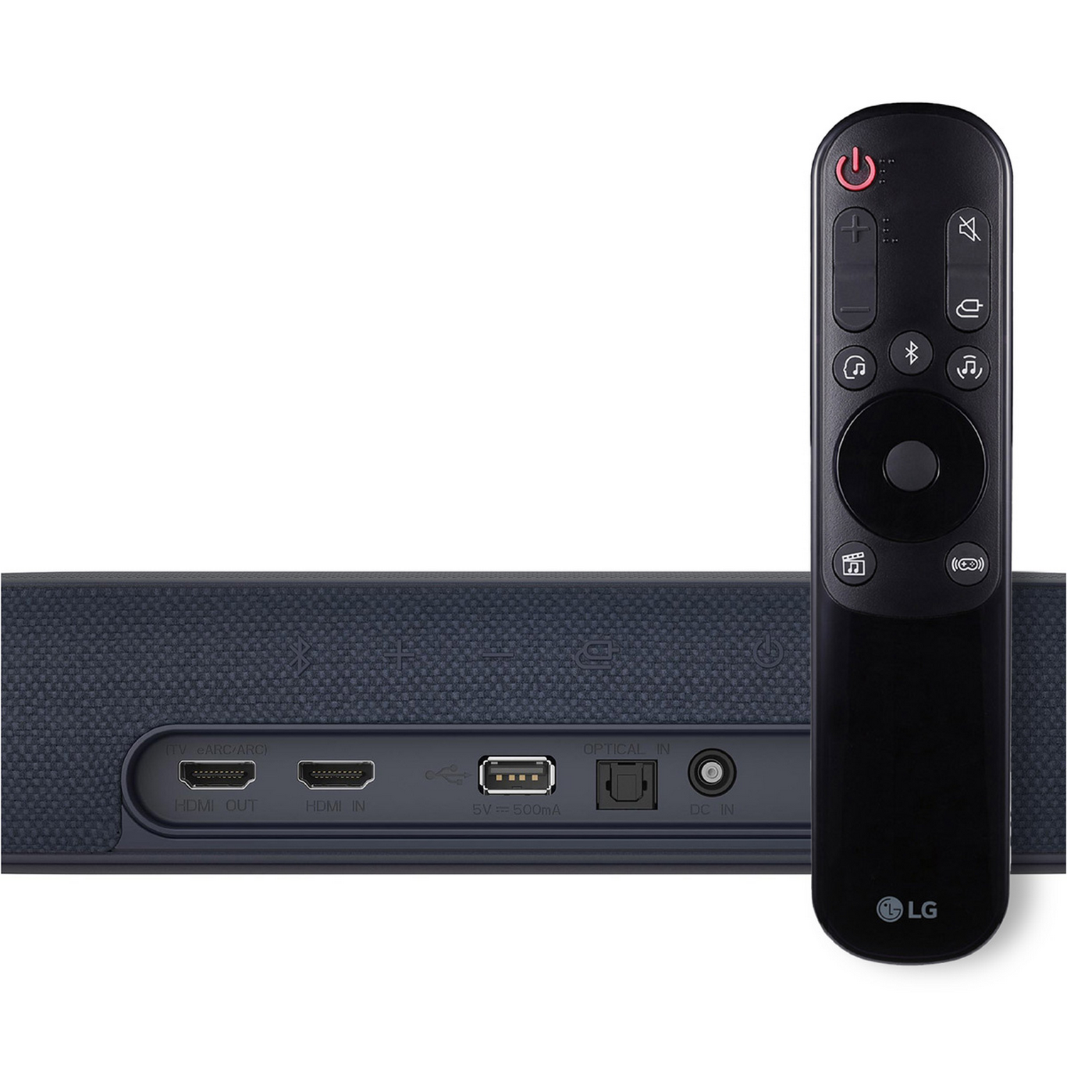 Barra de sonido con mando a distancia. La parte trasera muestra entradas como HDMI, USB y óptica.