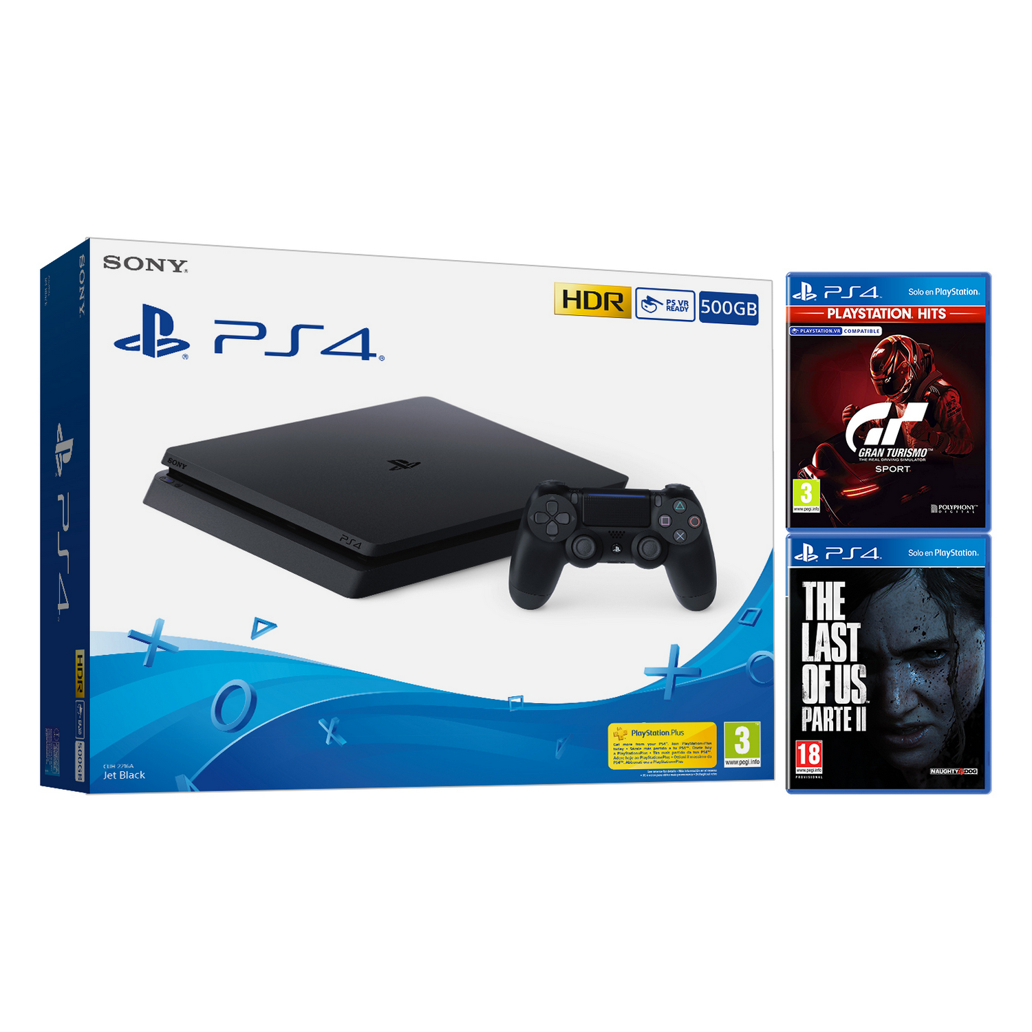 Consola - Sony PS4, 500 GB, Negro + Gran Turismo Sport + The Last of Us Parte II
