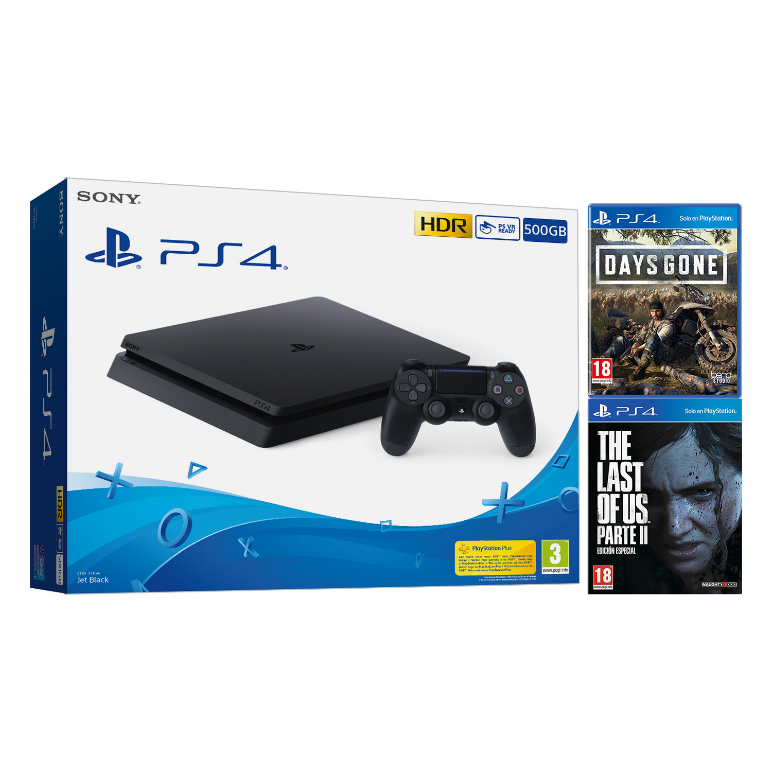 Consola - Sony PS4, 500 GB, Negro + Days Gone + The Last of Us Parte II (Ed. Especial)
