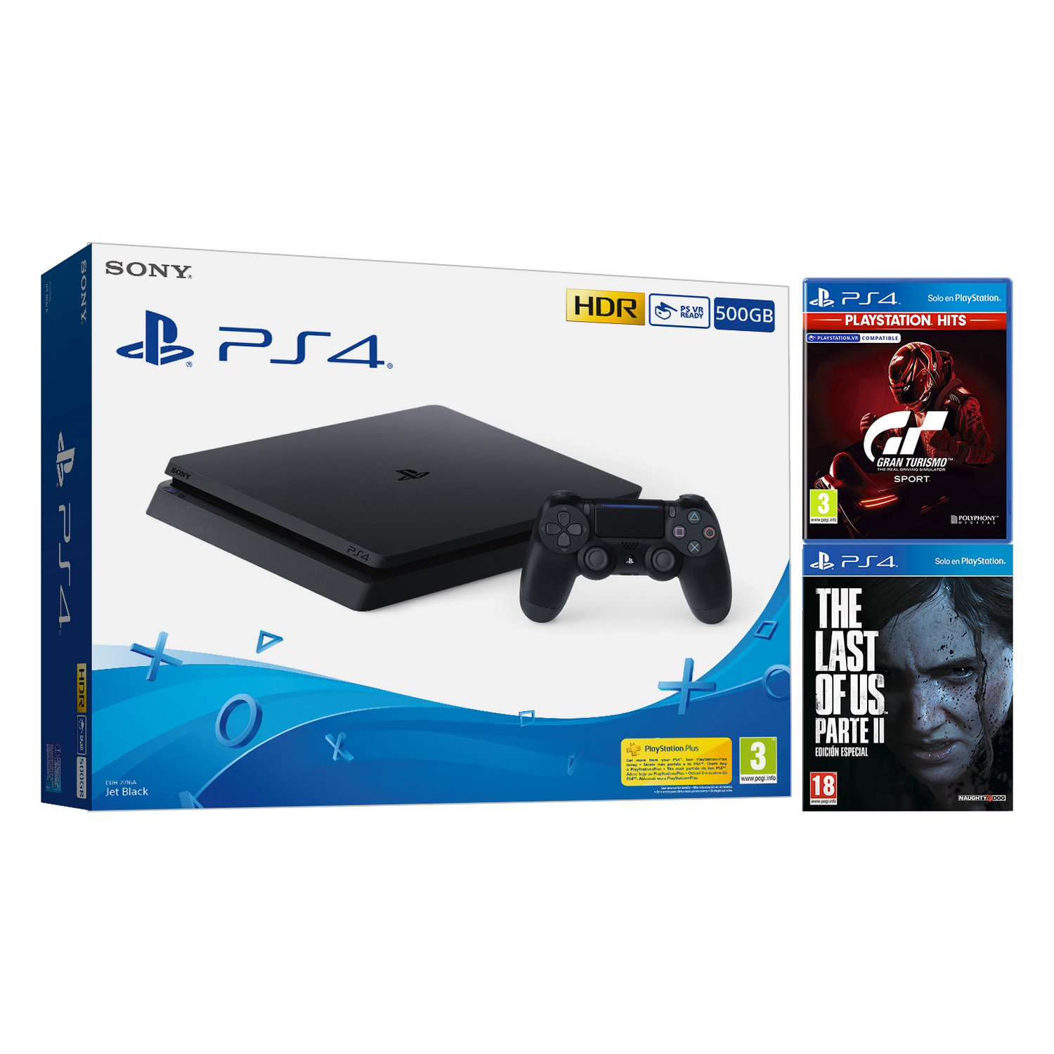 Consola - Sony PS4, 500 GB, Negro + Gran Turismo Sport + The Last of Us Parte II (Ed. Especial)