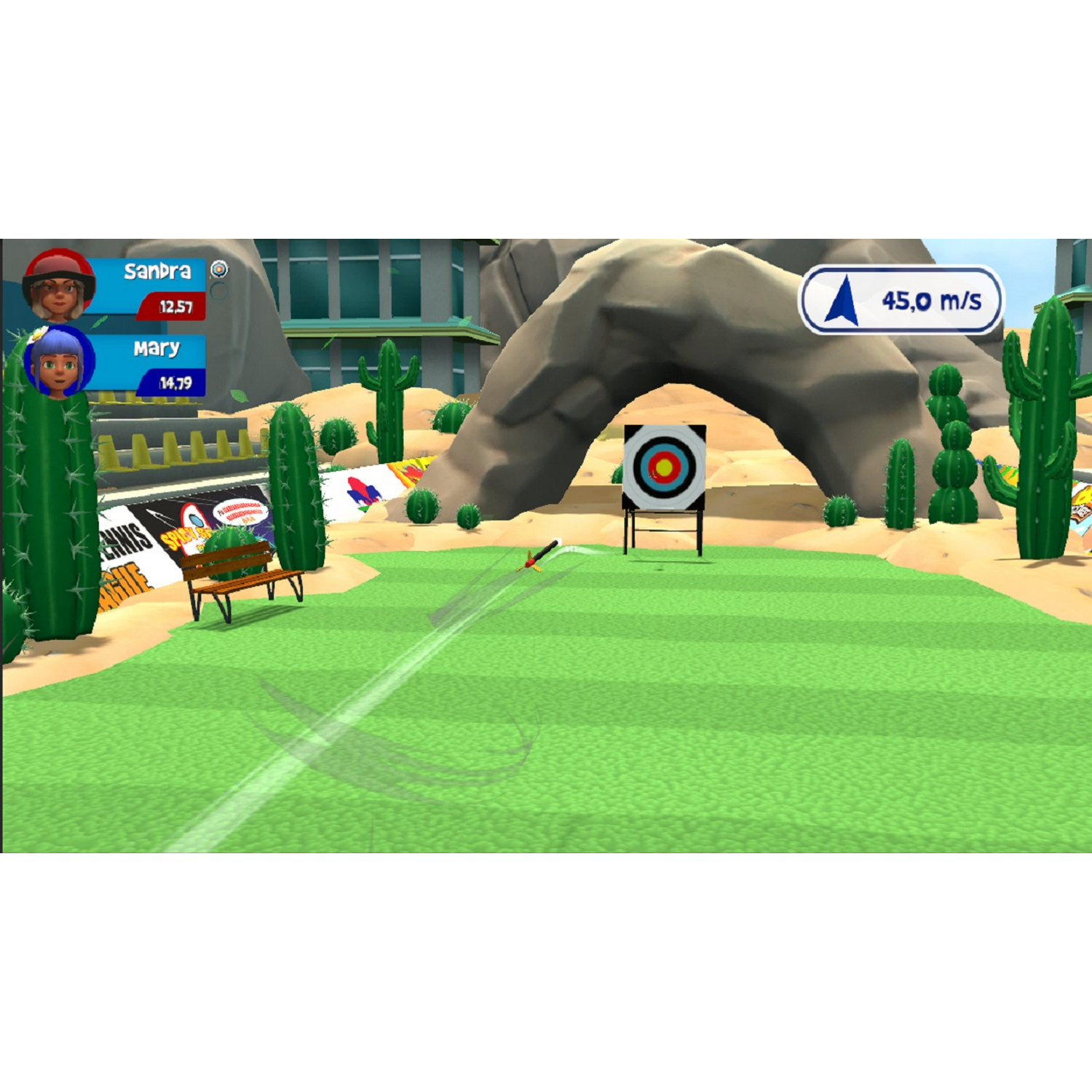 Pantalla de juego de golf con nombres de jugadores. Cactus y un objetivo en el campo. Una bola en movimiento.