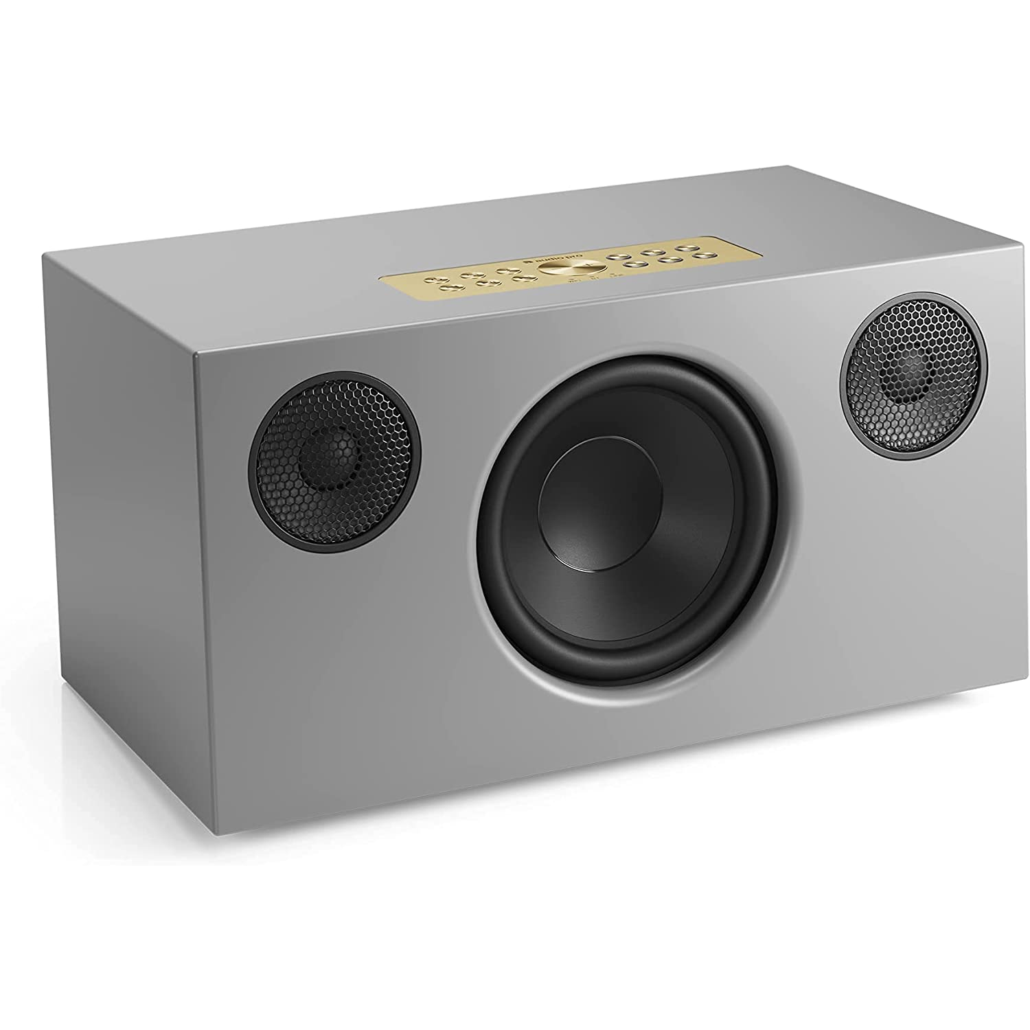 Altavoz gris con tres altavoces. Altavoces circulares en la parte delantera.