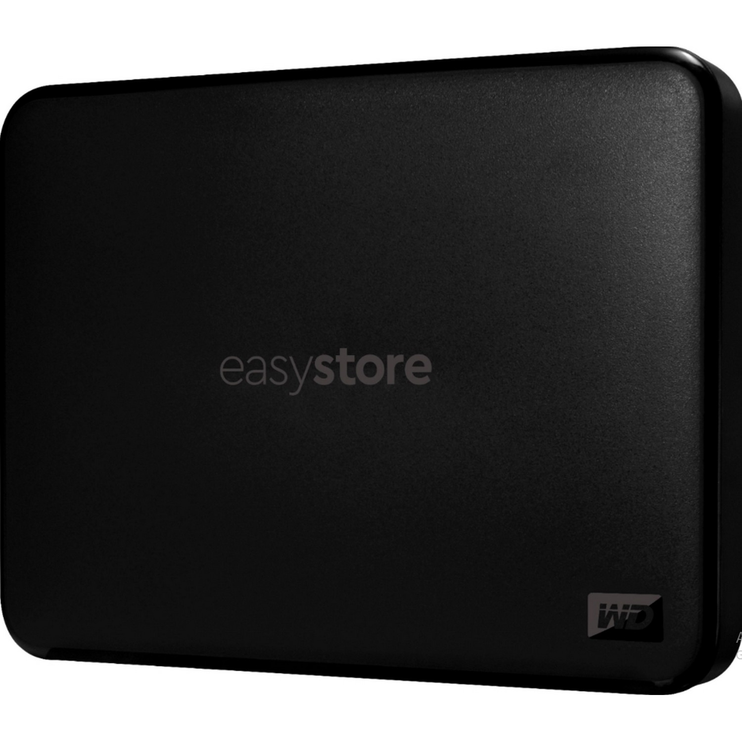 Schwarze externe easystore-Festplatte. Der Markenname und das WD-Logo sind sichtbar. Weißer Hintergrund.