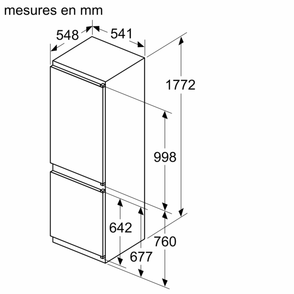 Diagramme d'un réfrigérateur avec mesures en mm.