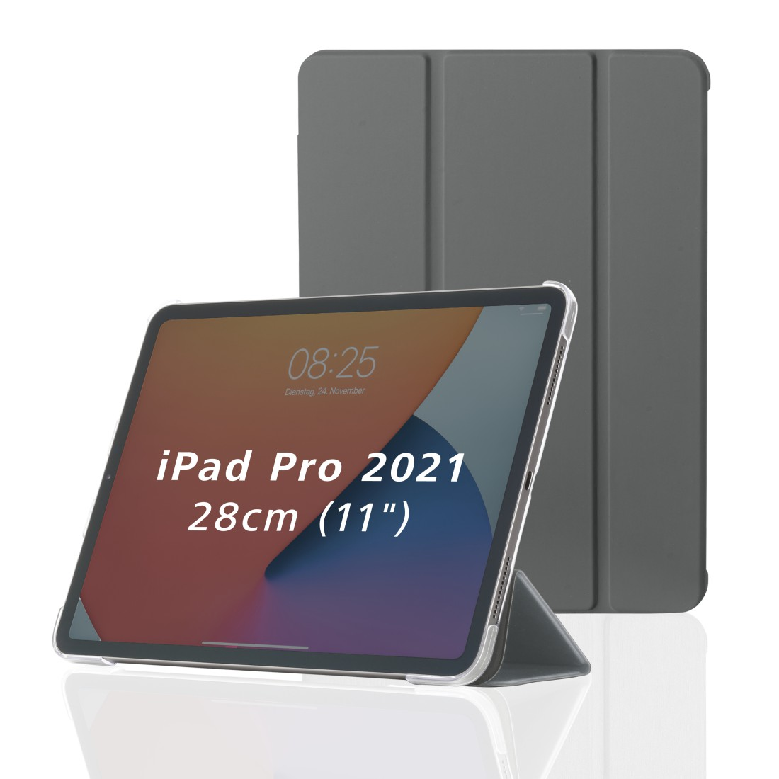 iPad Pro 2021, 28 cm, in einer Hülle. Hülle stellt das iPad auf. Hintergrund hat passende Hülle.