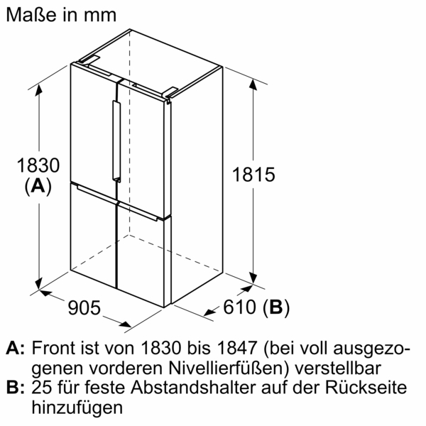 Ein Diagramm mit den Abmessungen eines Bosch-Kühlschranks, mit Maßen in mm.