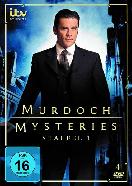 DVD-Cover von Murdoch Mysteries, ein Mann im Anzug steht vor einem Gebäude.