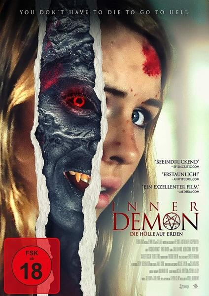 Filmposter mit Frauengesicht, zerrissen, um ein dämonisches Gesicht zu enthüllen. Titel: Inner Demon.