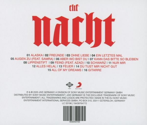 Rückseite einer CD mit rotem Text auf weißem Hintergrund, mit Songtiteln.