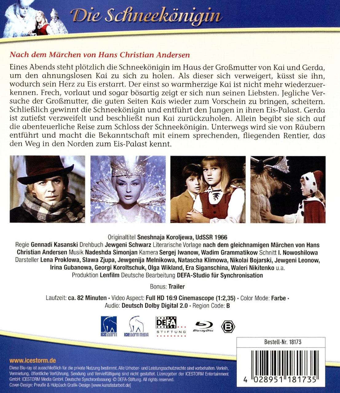 Die Rückseite einer DVD: 'Die Schneekönigin', mit Bildern aus dem Film und Text auf Deutsch.