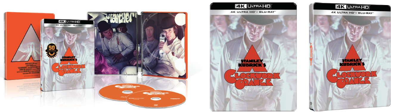 A Clockwork Orange film tokok készlete, beleértve a dobozt, steelbookokat és lemezeket, fehér háttérrel.