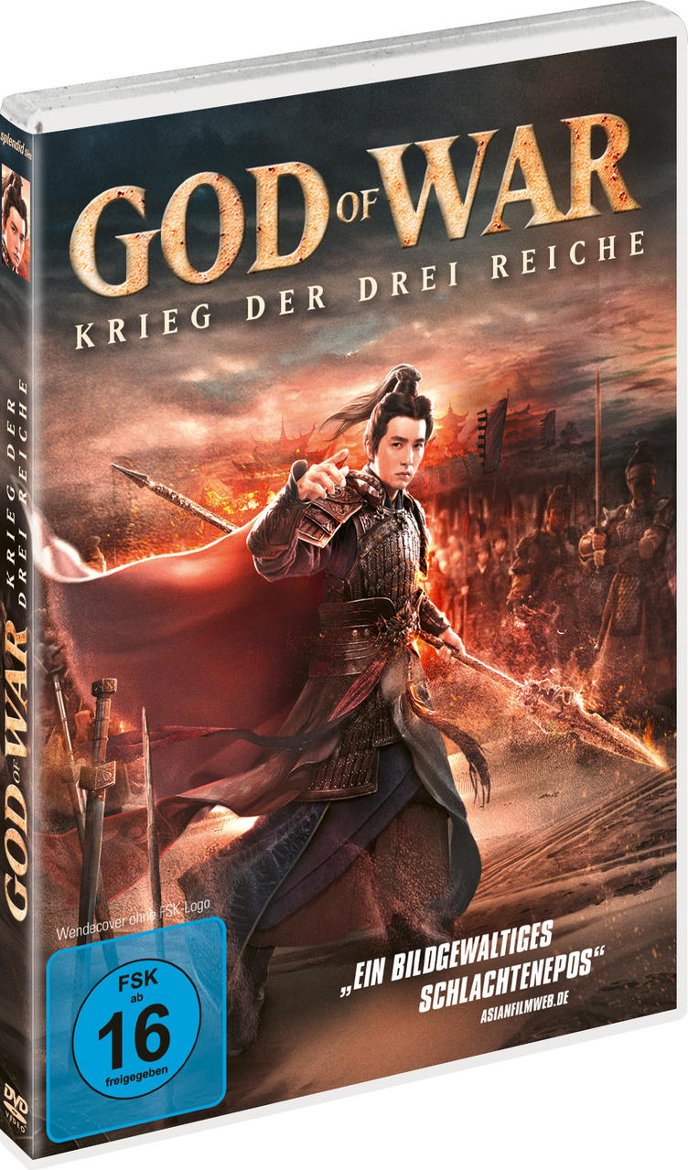 DVD-Hülle für 'God of War' mit asiatischem Krieger auf dem Cover, vor brennender Stadt.