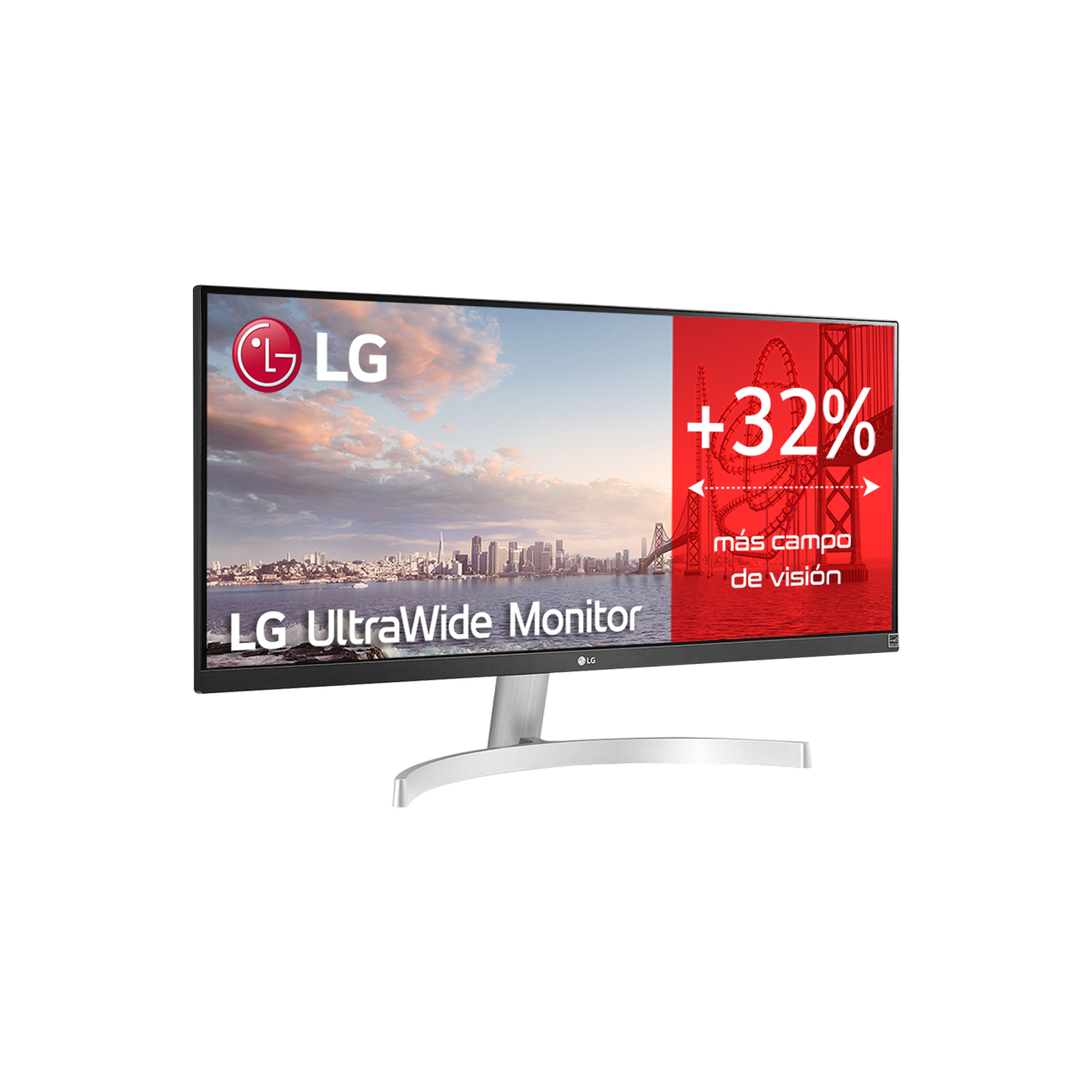 Monitor LG Ultrawide sobre fondo negro con texto y paisaje urbano.
