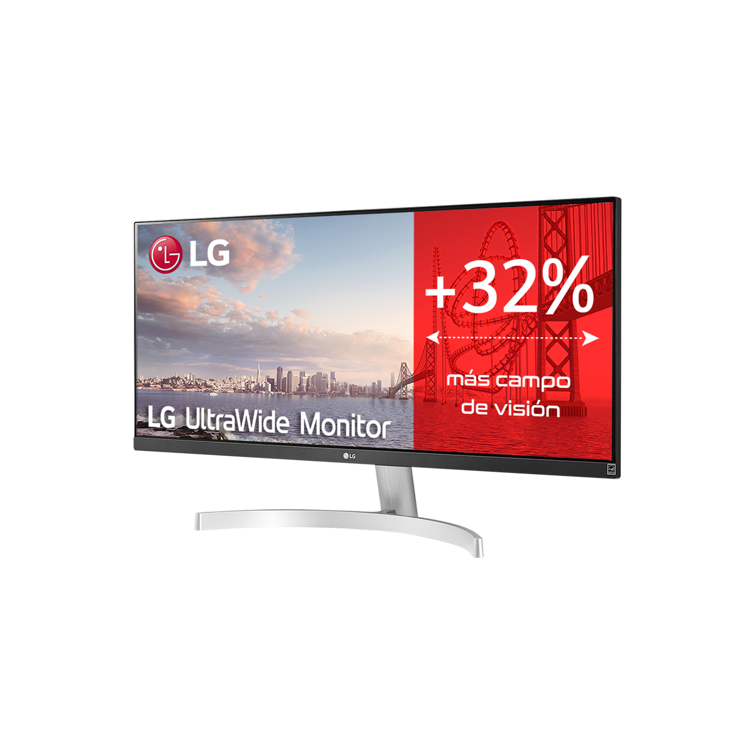 Monitor LG Ultrawide con imagen de puente rojo y texto +32%. Fondo negro, soporte blanco y logo LG.