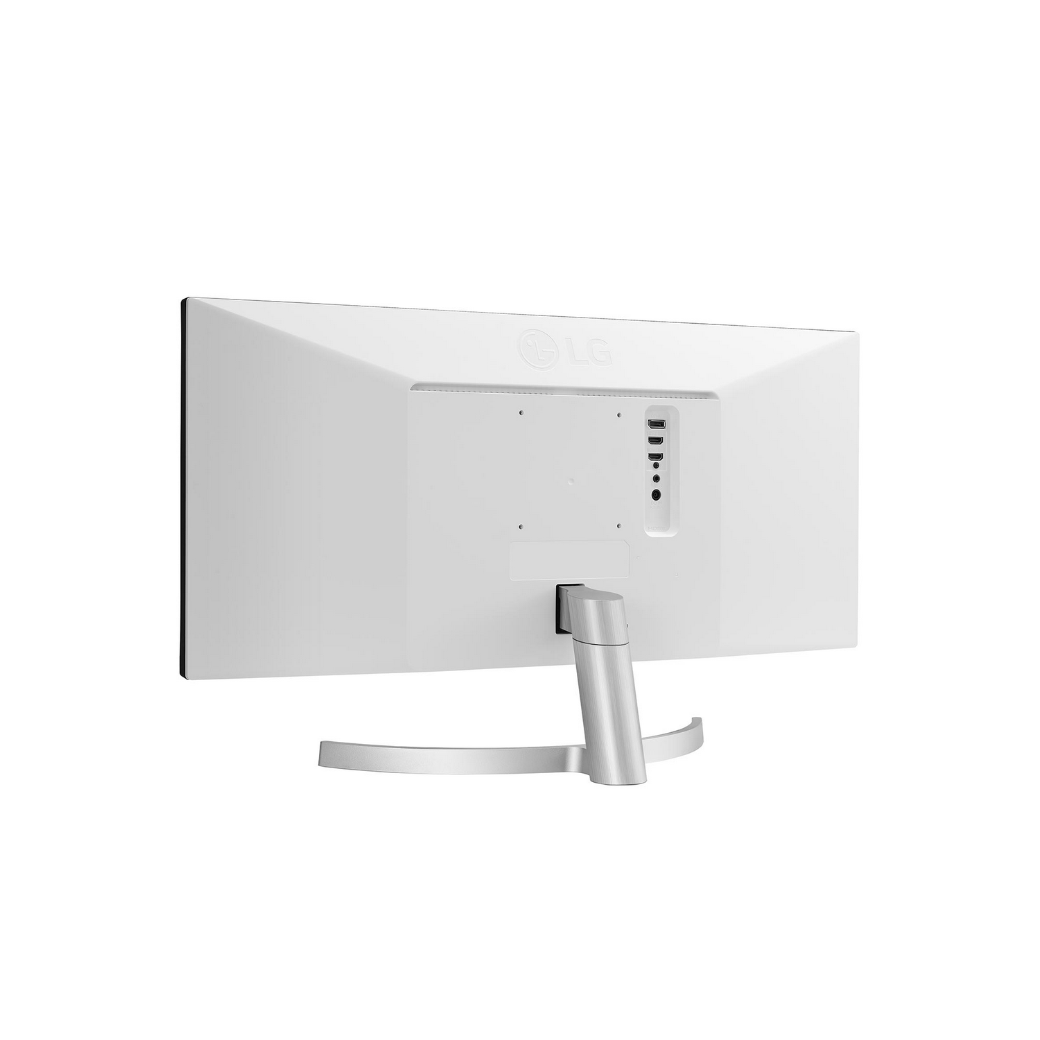 Vista trasera de monitor LG blanco, con puertos y soporte.