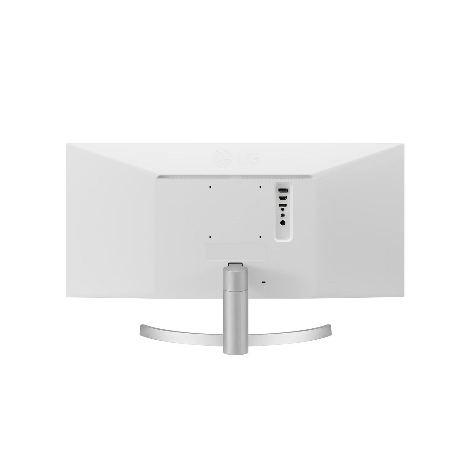 Monitor de computadora LG blanco. Vista trasera con puertos y soporte. Diseño limpio y moderno.