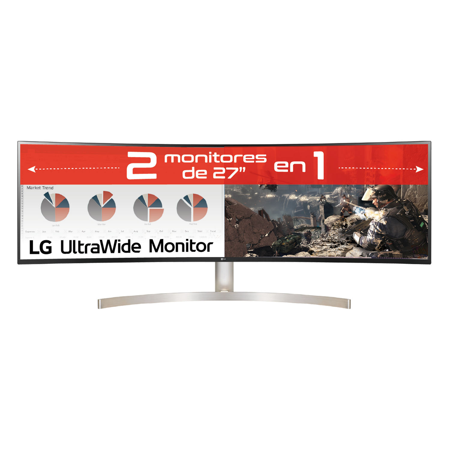 Un monitor LG Ultrawide muestra gráficos y una imagen de soldados. Texto: 2 monitores en 1.