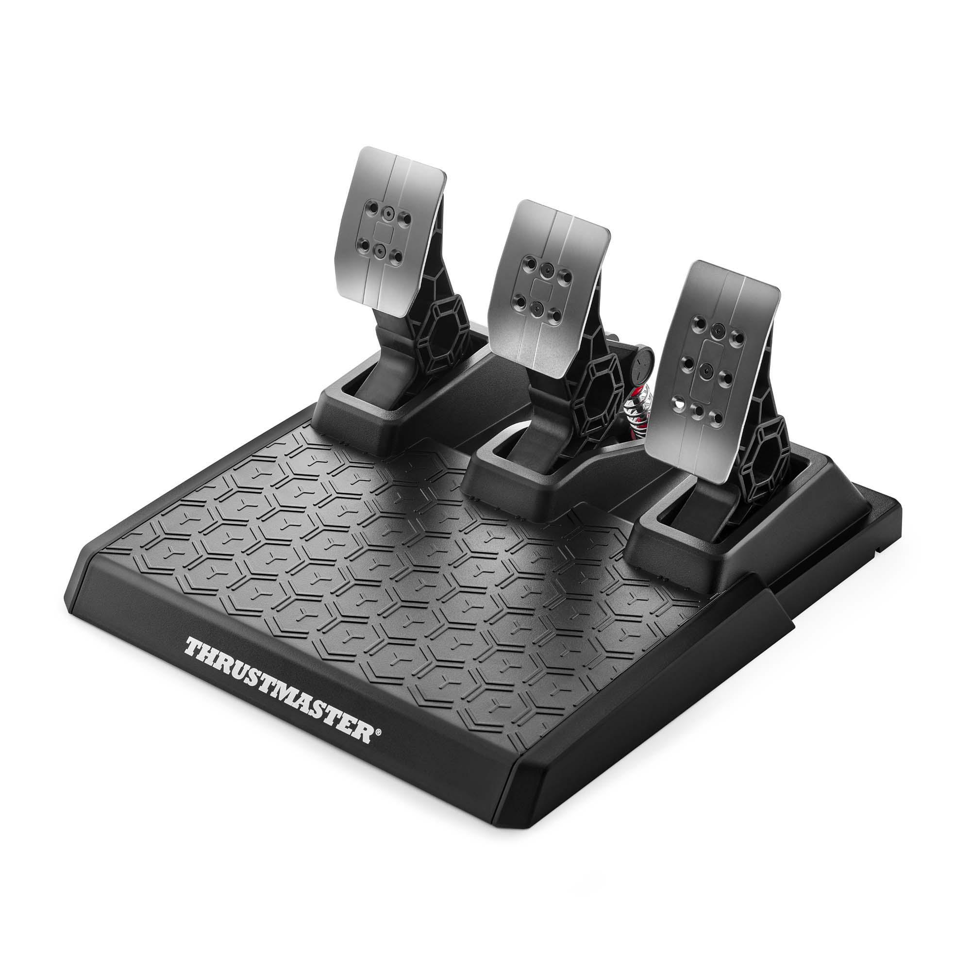 Schwarze Lenkradpedale. Drei Pedale auf einer schwarzen Plattform. Thrustmaster-Logo unten.