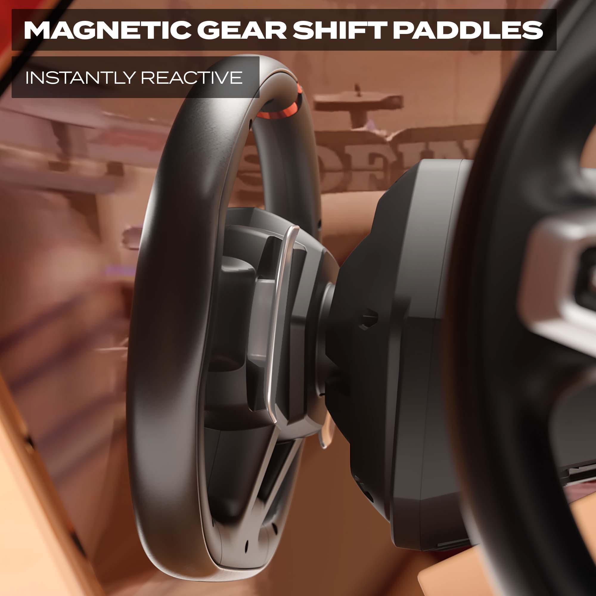 Nahaufnahme eines schwarzen Lenkrads mit magnetischen Gangschaltwippen.