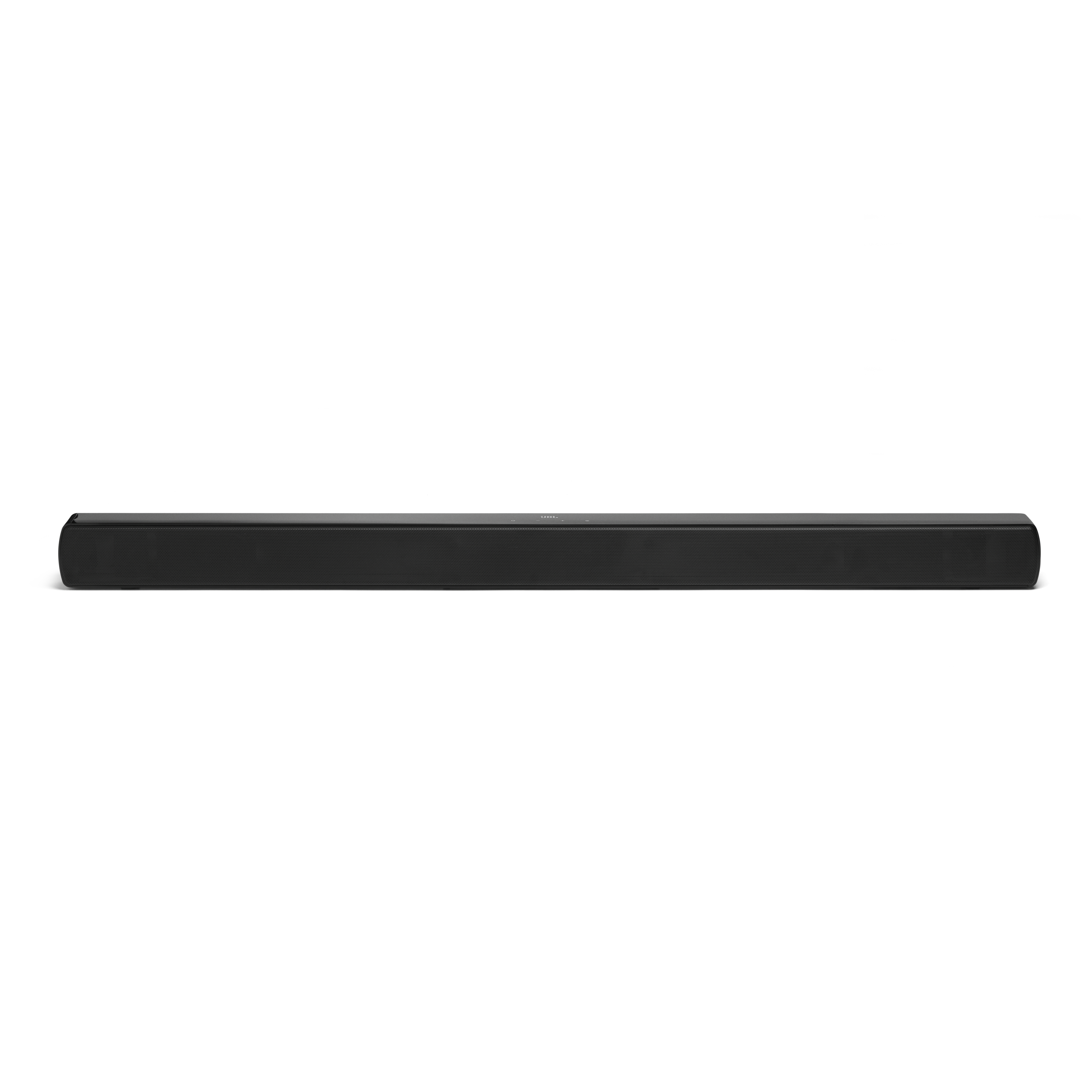 Eine schwarze Soundbar liegt horizontal auf weißem Hintergrund und zeigt ein einfaches, schlankes Design.
