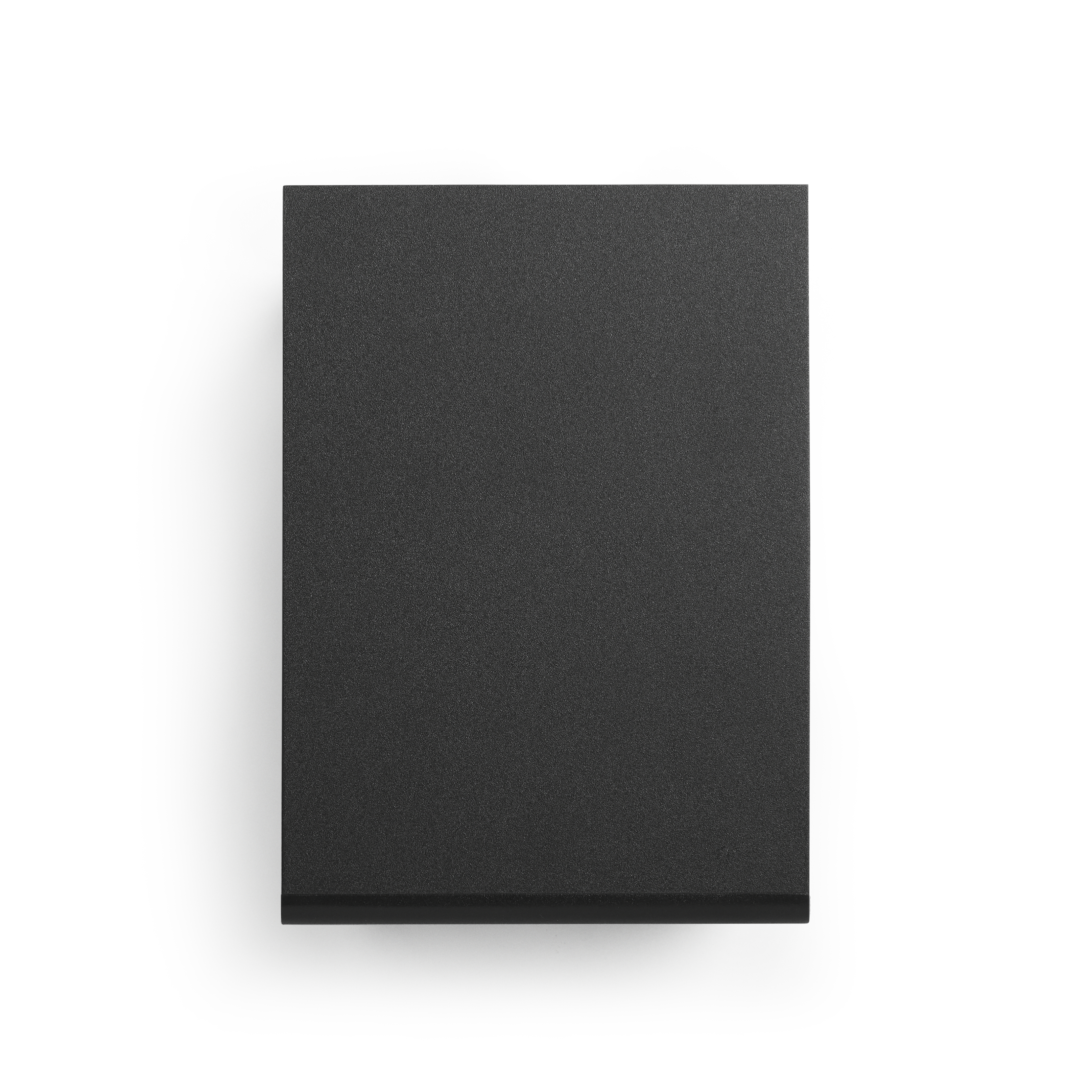 Schwarze rechteckige Box. Draufsicht auf die Box. Weißer Hintergrund.