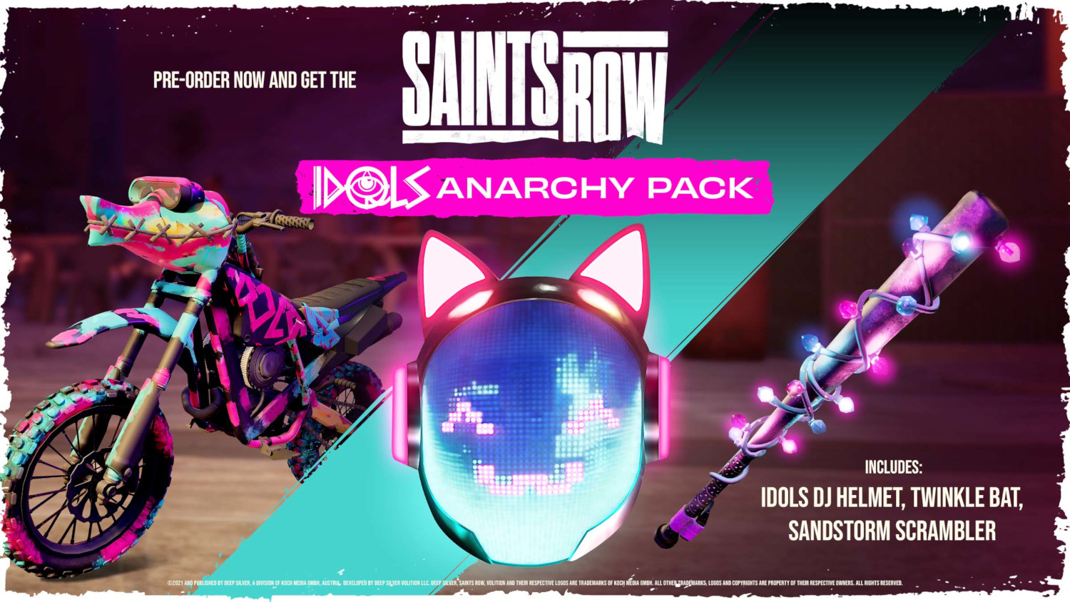 Promotion de jeu vidéo avec moto, casque et batte.