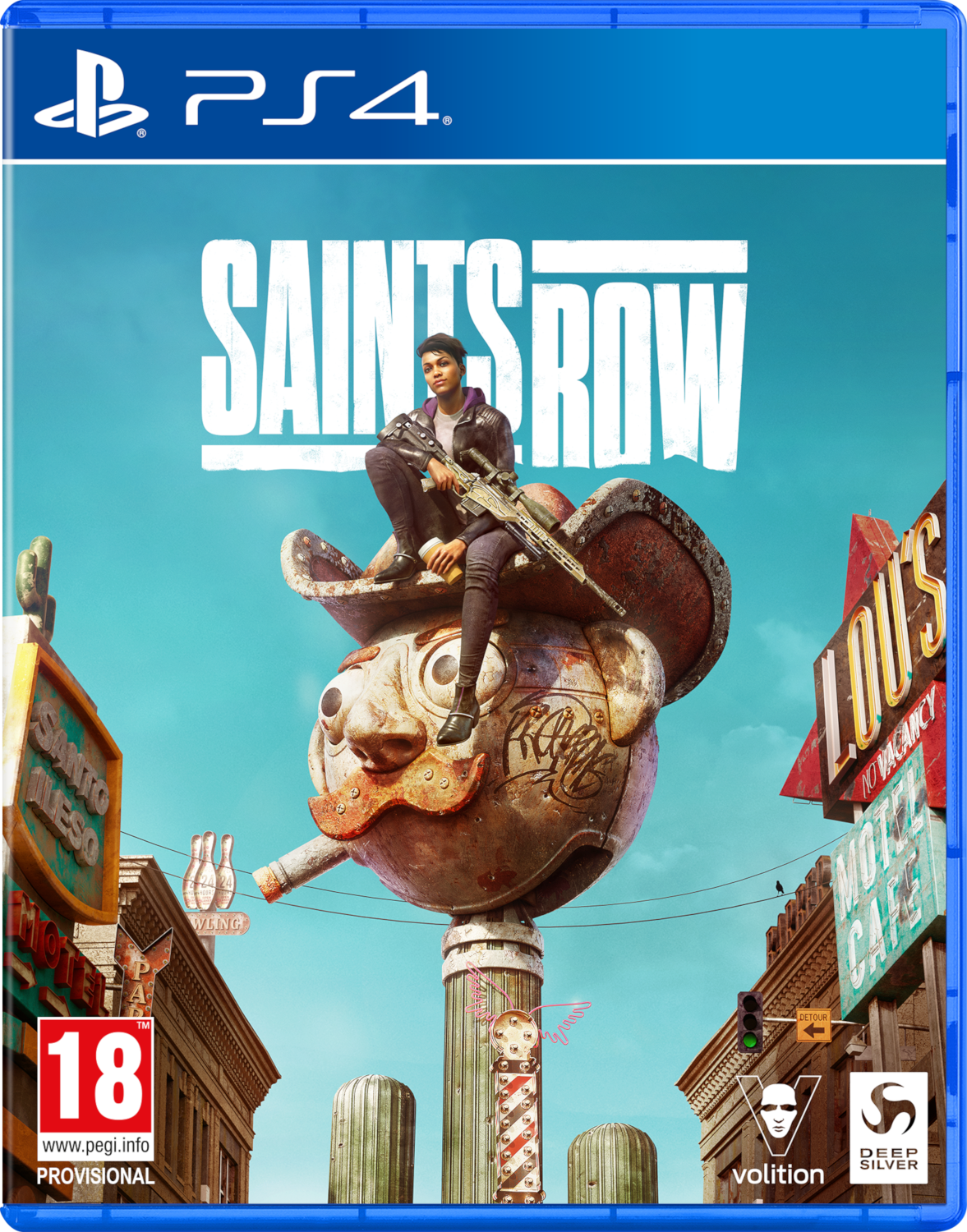 Jaquette du jeu : Un personnage avec une arme assis sur la tête d'une statue. Titre : Saints Row.