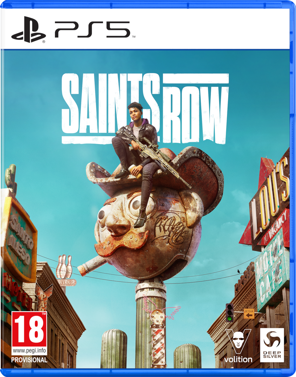 Saints Row PS5 game cover met een personage met een geweer en een stadsachtergrond.