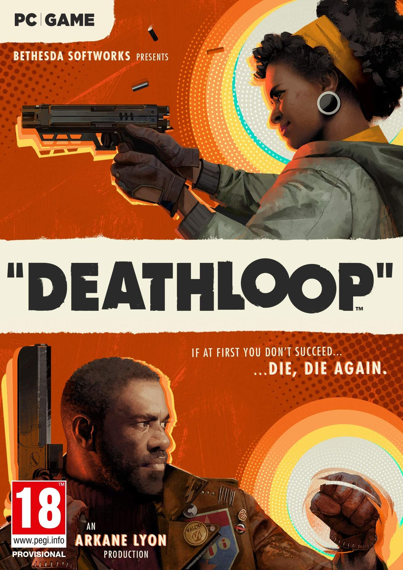 Deathloop játékkártya: Férfi és nő fegyverekkel, 18-as korhatár.