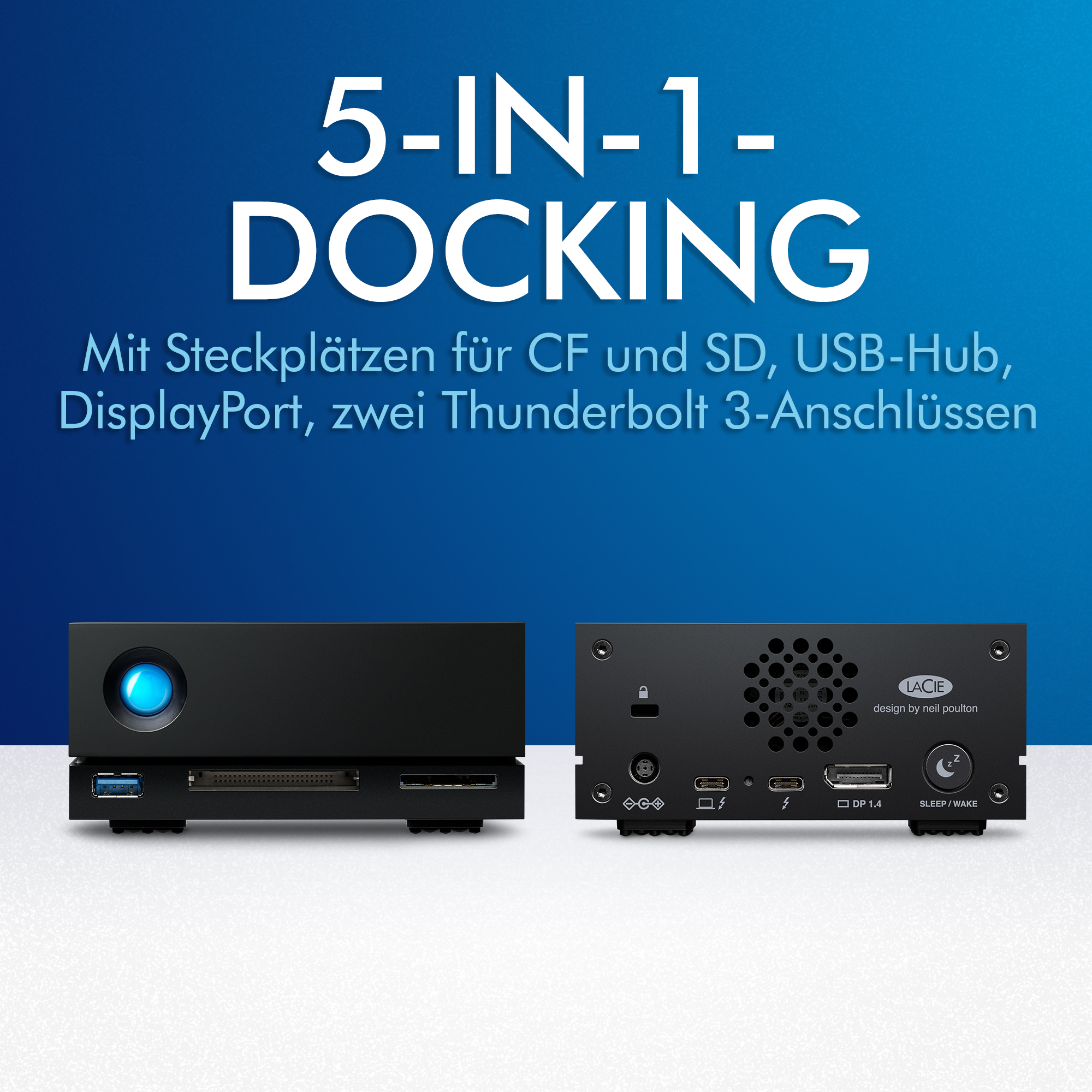 Schwarze Dockingstation mit Anschlüssen. Text: