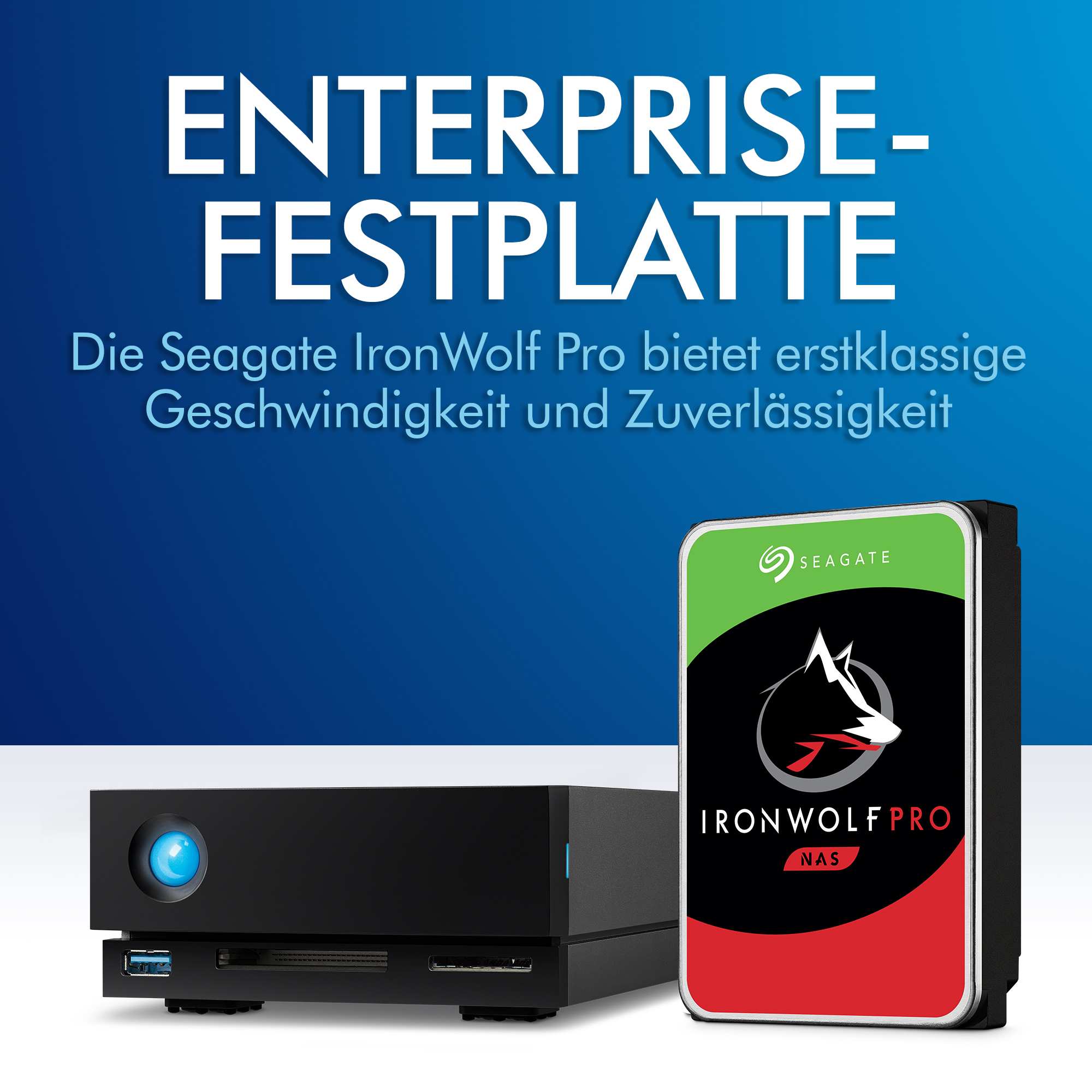 Seagate IronWolf Pro Speichergeräte. Ein schwarzes NAS-Gerät und eine Festplatte.