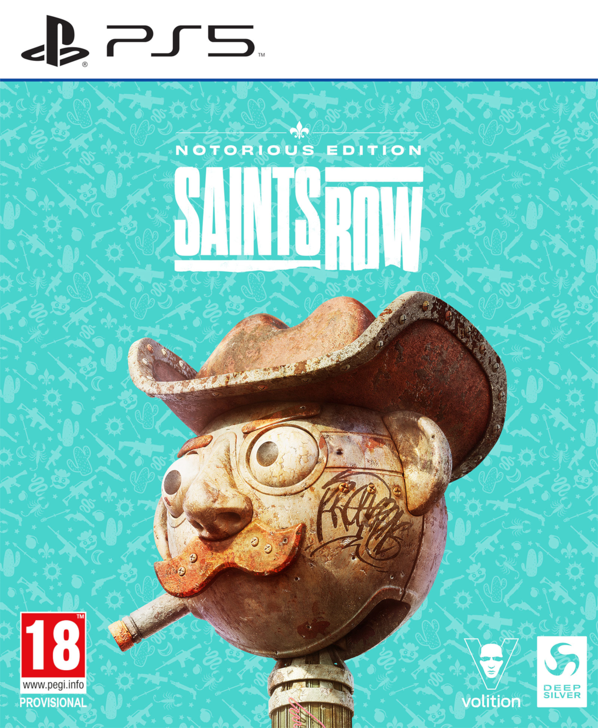 Couverture du jeu Saints Row. Une tête en métal portant un chapeau de cowboy. Le fond est turquoise.