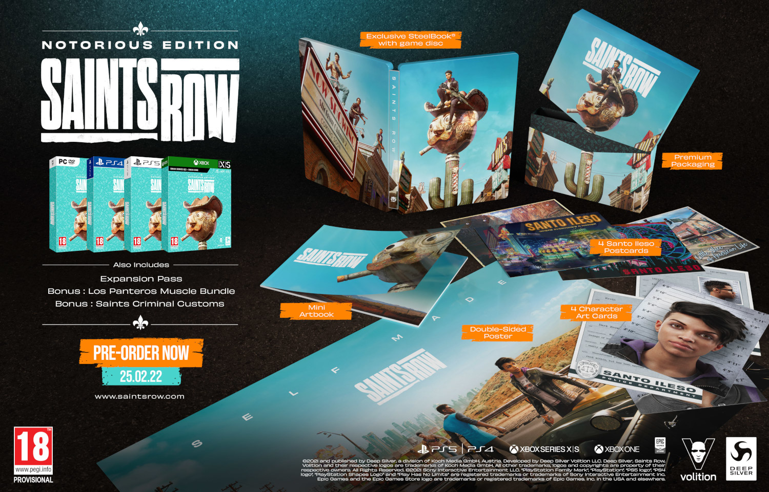 Emballage de jeu avec du matériel promotionnel. Cartes postales, artbook, boîtier de jeu. Fond blanc.