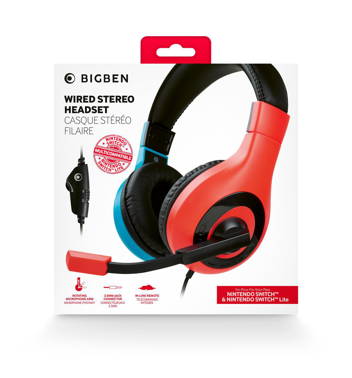 Bigben kabelgebundene Stereo-Headset-Box mit roten und blauen Kopfhörern.